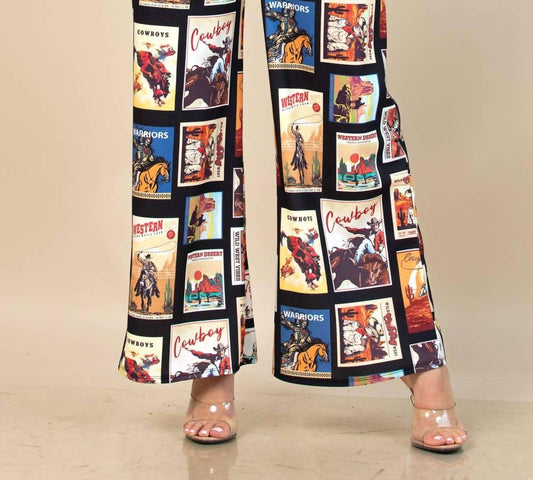 Nylon Apparel - Western Cowboy Stamps Print Wide Leg Slack Pants
