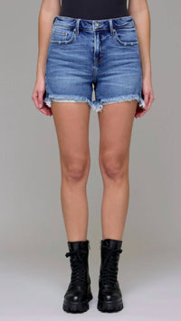 HIDDEN Women's High Rise Frayed Hem Boyfriend Shorts in blue - women's shorts