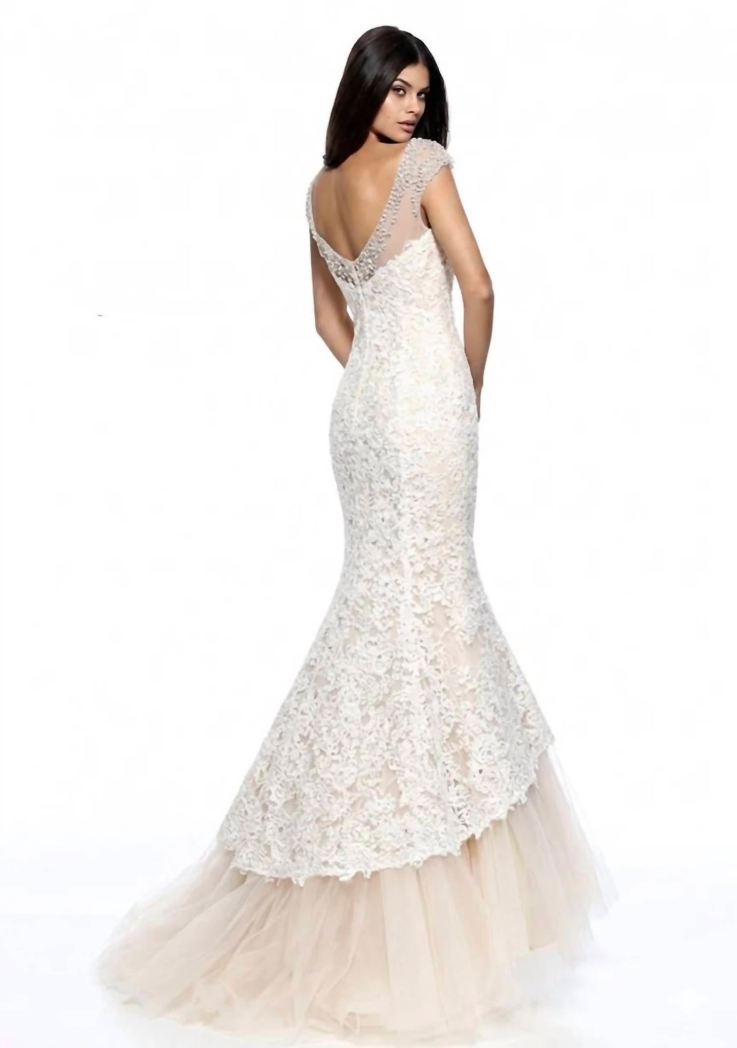 Sherri Hill Lace Beaded Illusion Neck Mermaid Gown in ivory - women's dress - alternate view