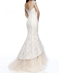 Sherri Hill Lace Beaded Illusion Neck Mermaid Gown in ivory - women's dress - detail view