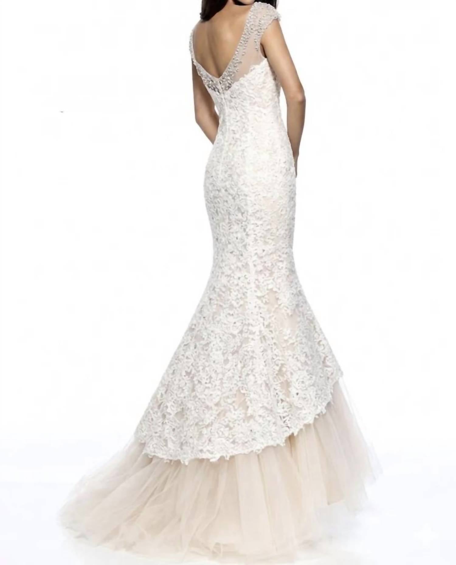 Sherri Hill Lace Beaded Illusion Neck Mermaid Gown in ivory - women's dress - detail view