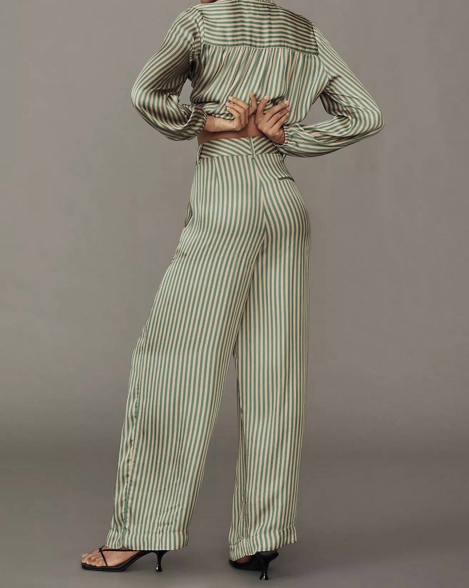 MILLE Cara Pant in almond green stripe - women's pants - detail view