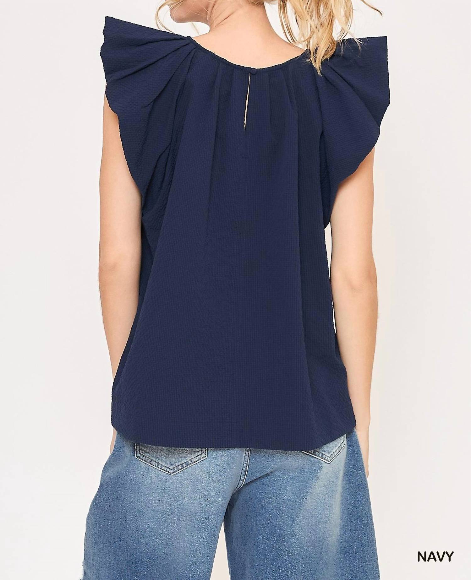 Umgee - Flutter Sleeve Pleated Crew Neck Blouse