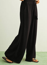 Miou Muse - Cotton Linen Smocked Waist Pants With Tassel