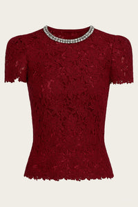 Self-Portrait - Lace Crystal Trim Short Sleeve Top