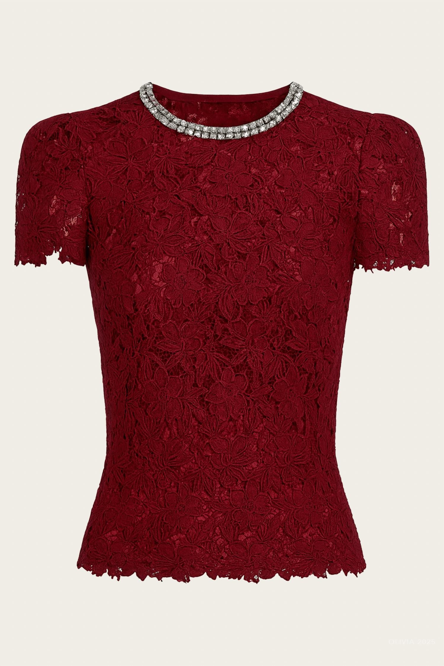 Self-Portrait - Lace Crystal Trim Short Sleeve Top