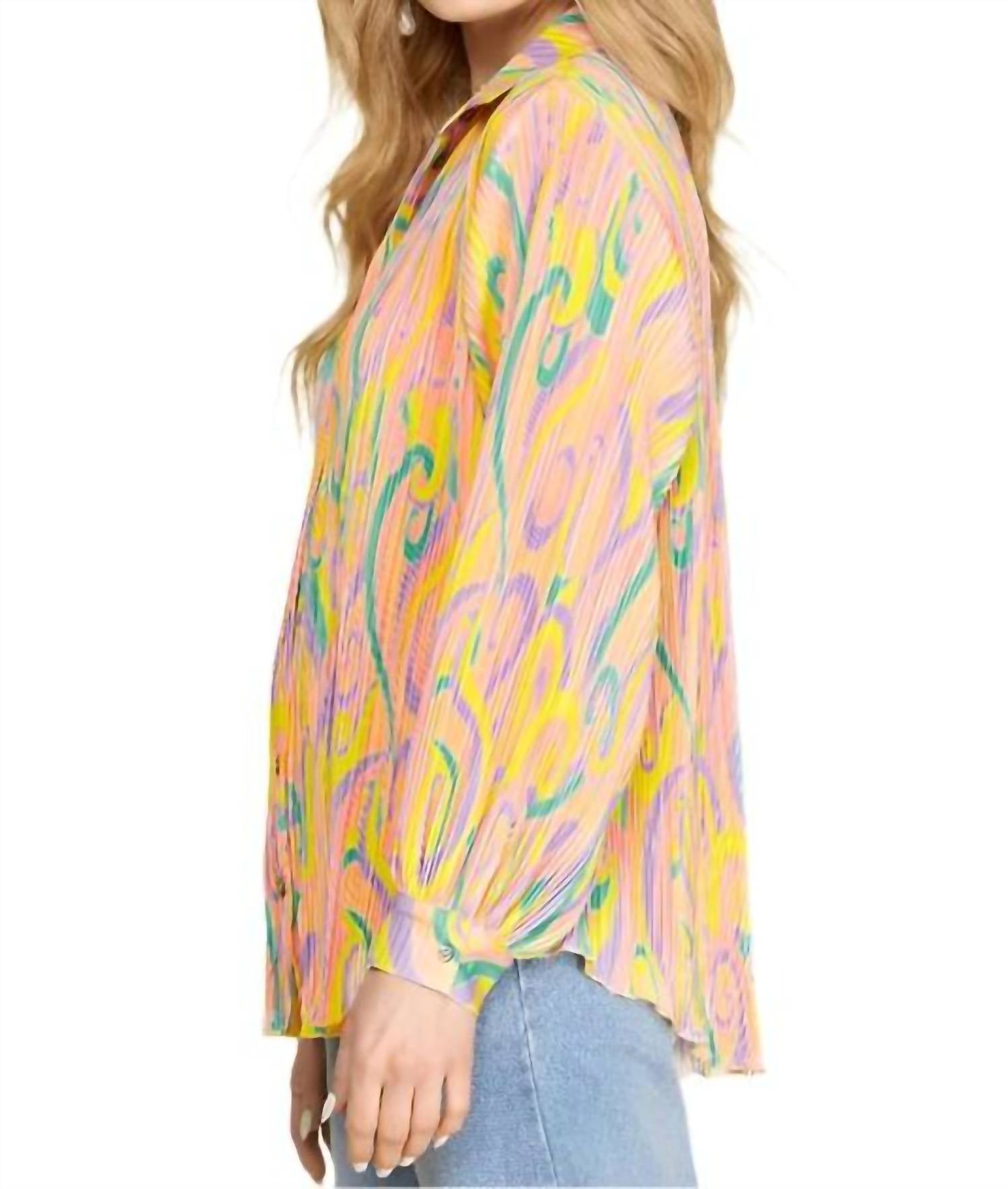 She + Sky - Print Plisse Shirt Blouse