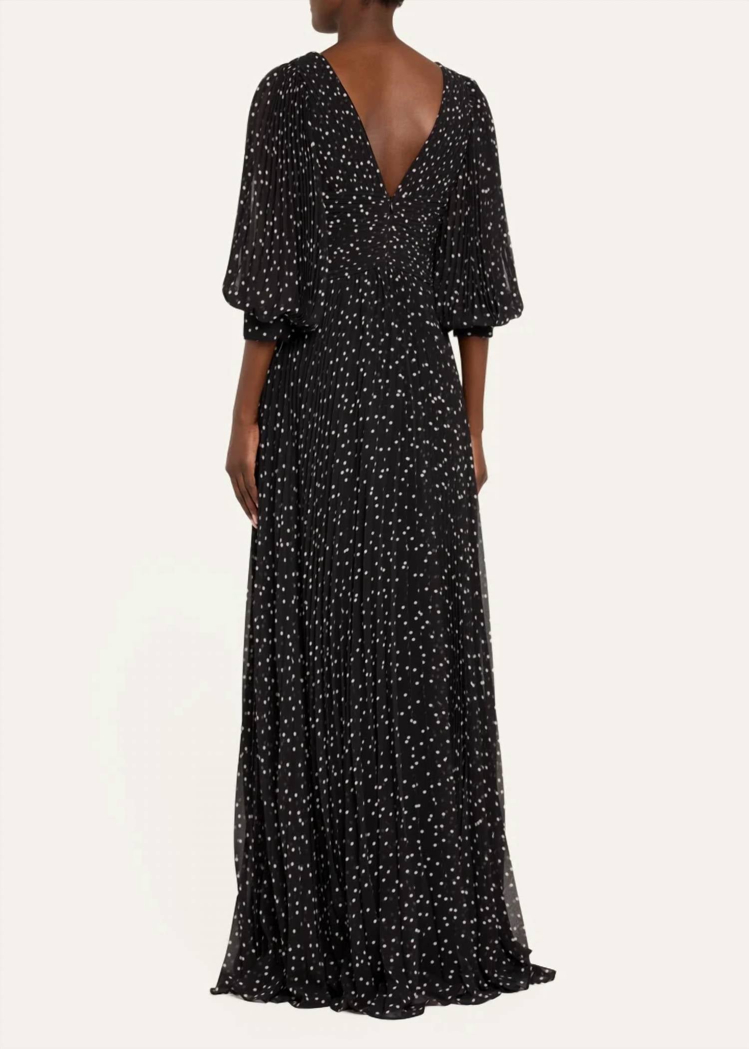 Teri Jon - Pleated Polka Dot Chiffon Gown