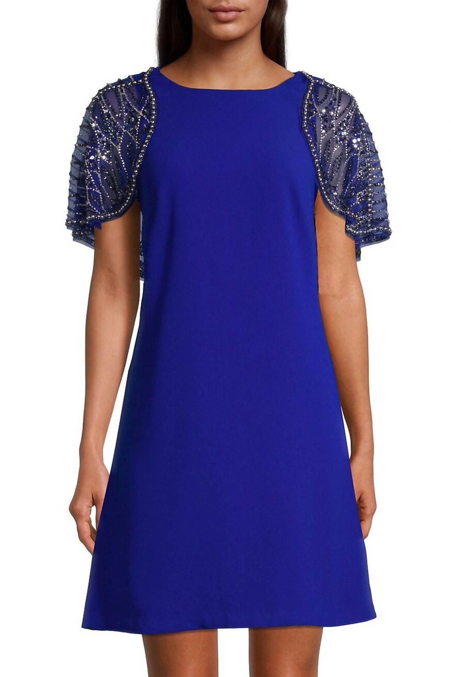 Aidan Mattox - Boat Neck Embellished Mesh Cape Scuba Dress