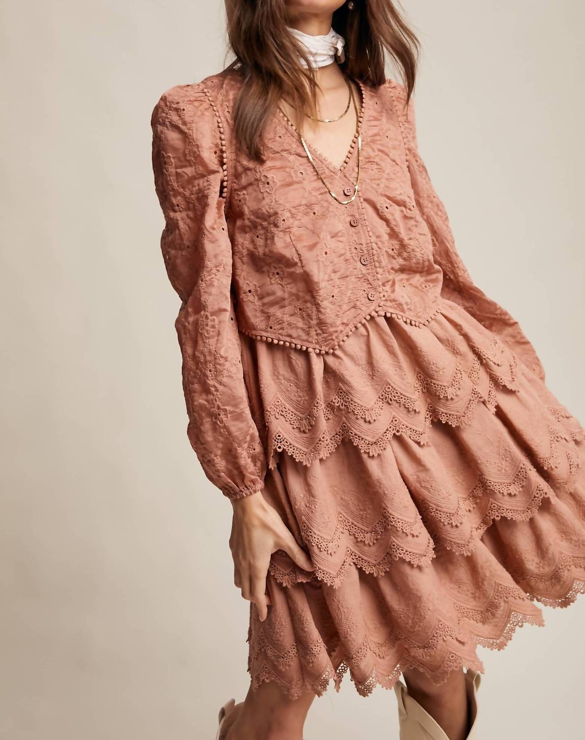 Listicle Tamara Tiered Scallop Embroidered Dress in terracotta - women's dress - detail view