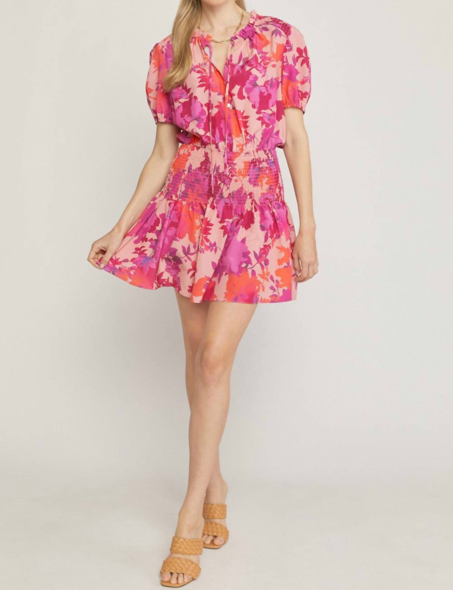 entro Floral Smocked Waist Dress in peach - women's dress - view 6