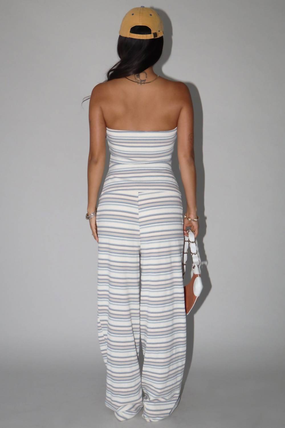 Bailey Rose Stripe Knit Wide Leg Pants in harbor beige blue - women's pants - detail view