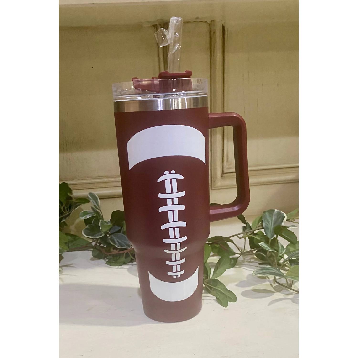Nash Grey - 40 Oz Football Tumbler With Handle & Straw