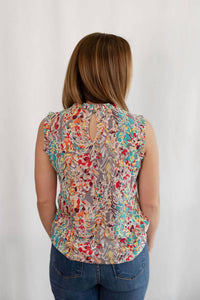 Lime N Chili - Graphic Print Ruffle Mock Neck Sleeveless Western Top