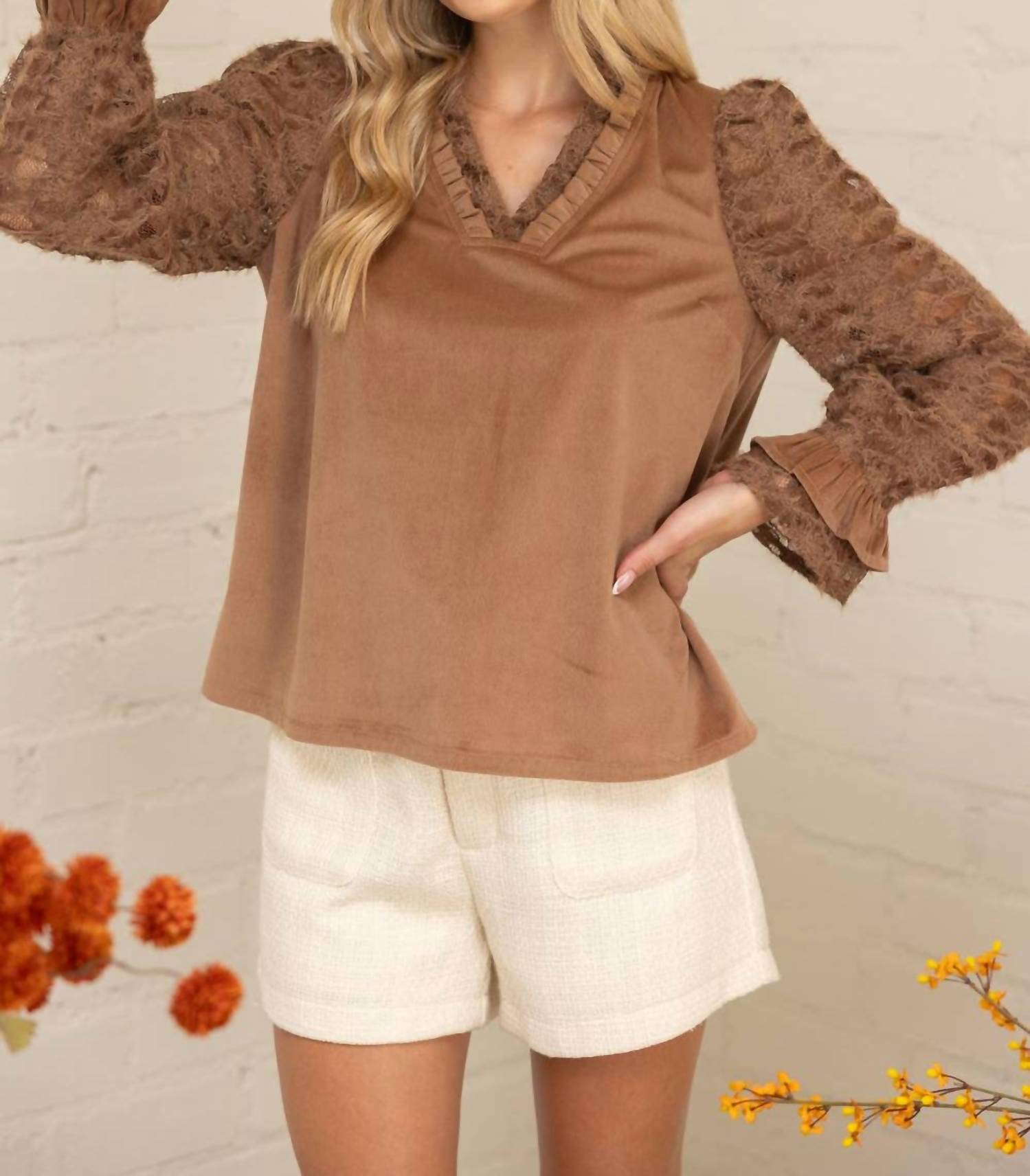 Voy - Fuzzy Lace Long Sleeve Ruffle Detailed Corduroy Top