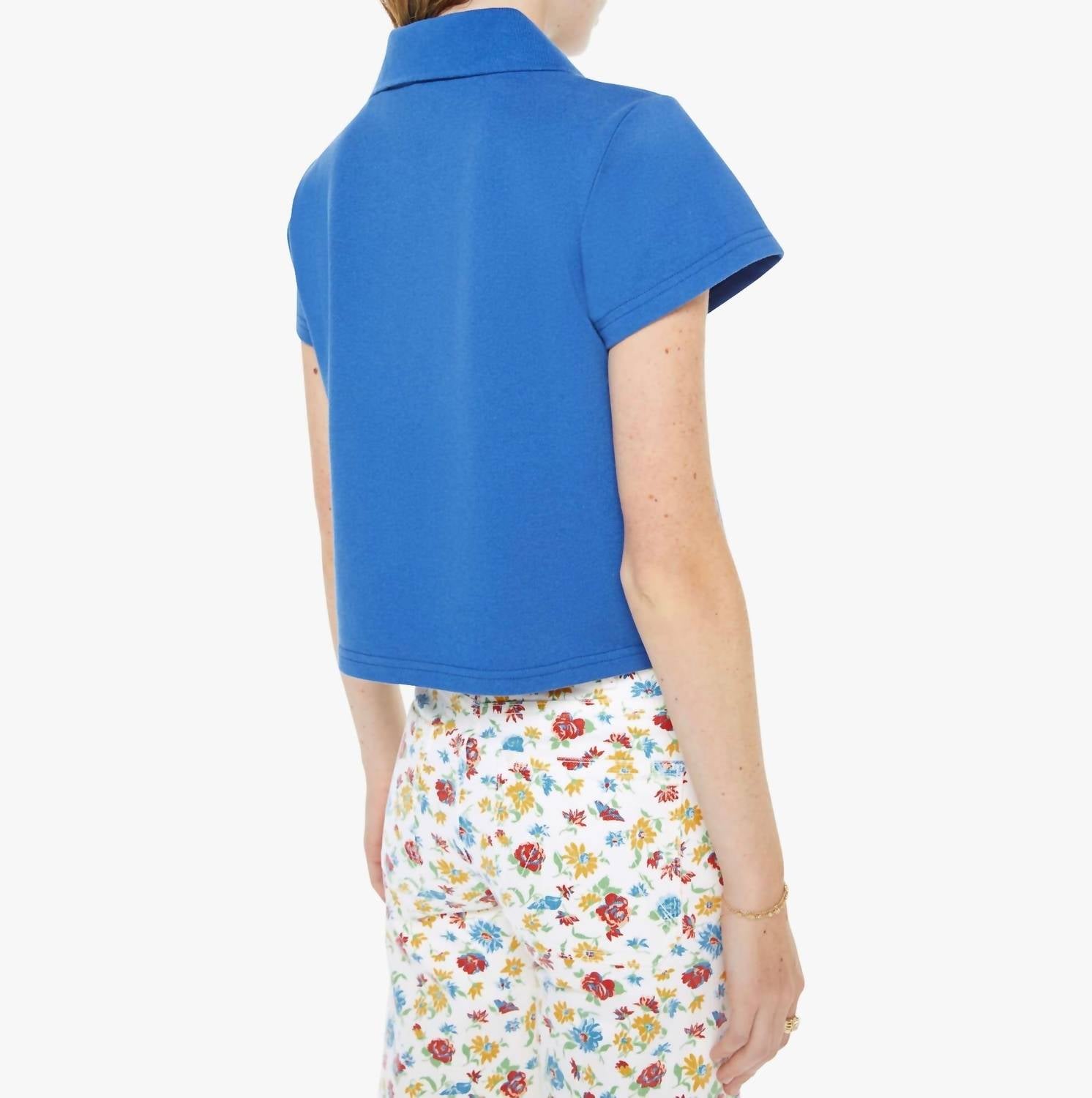Mother The Lil Match Cropped Polo Shirt in blue - women's long sleeve top - detail view