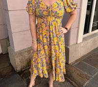 Voy - Drawstring Tie Puff Sleeve Midi Print Dress