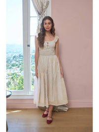 Moon River - Clip Dot Ruffle Detail Smocked Midi Dress