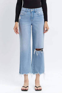 LOVERVET High Waist Crop Distressed Knee Jeans in light wash - women's jeans - detail view