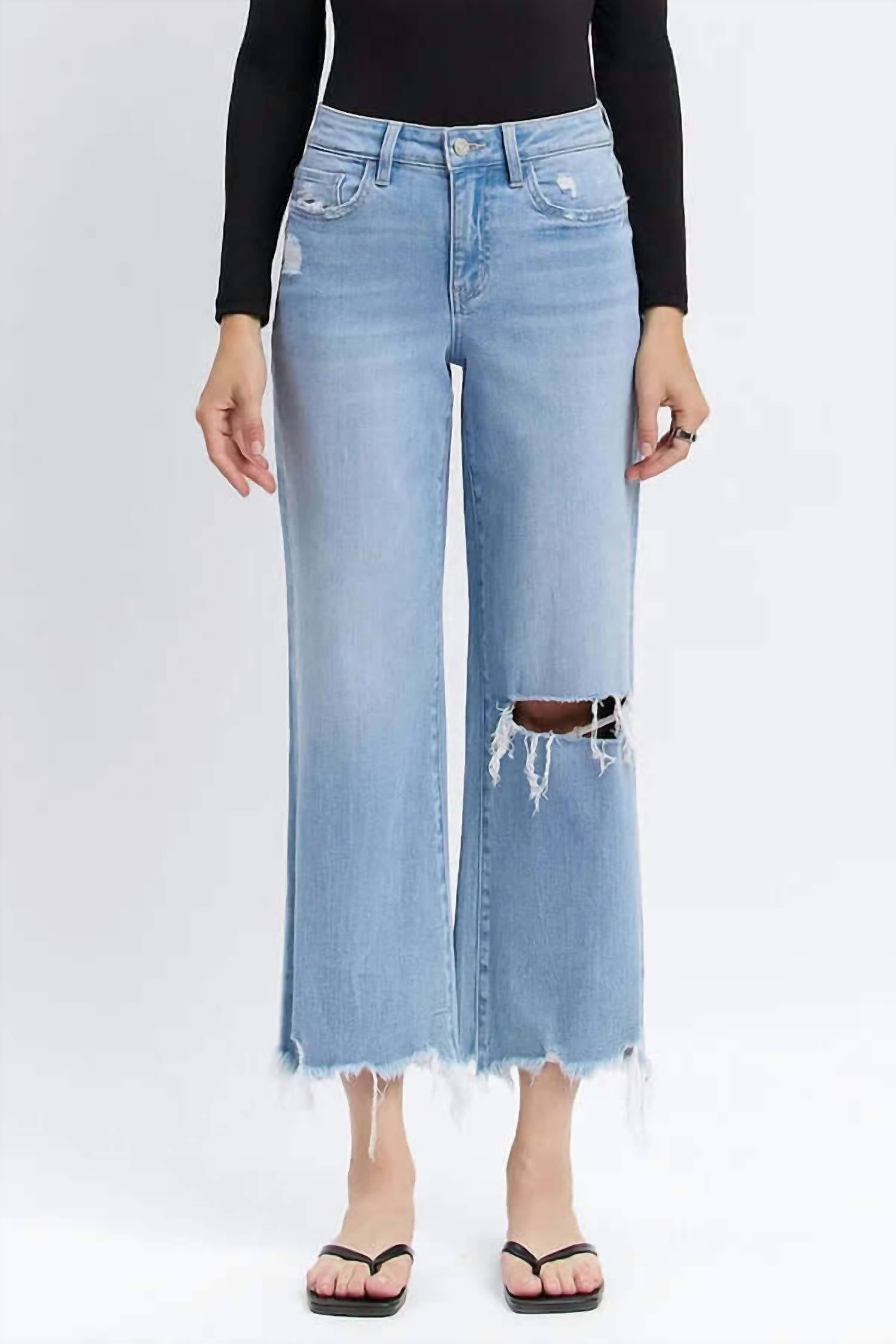 LOVERVET High Waist Crop Distressed Knee Jeans in light wash - women's jeans - detail view