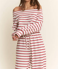 Jade By Jane - Off-shoulder Terry Striped Relaxed Fit Jumpsuit
