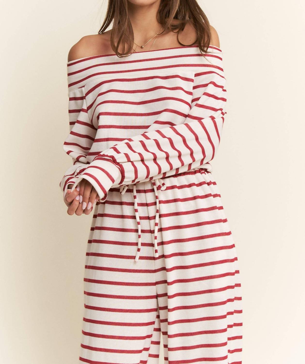Jade By Jane - Off-shoulder Terry Striped Relaxed Fit Jumpsuit