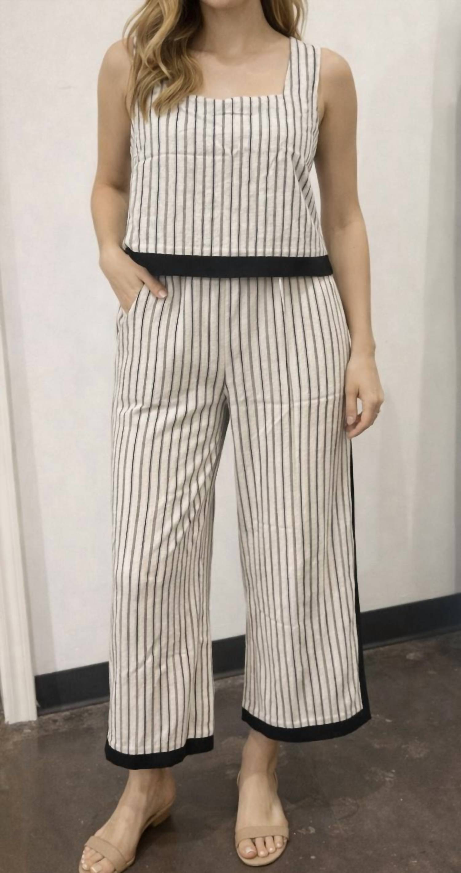 KLd. Signature two piece stripe pant set in beige black - women's pants