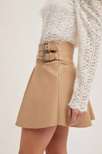 Bluivy - Faux Leather Side Buckled Skirt - Beige