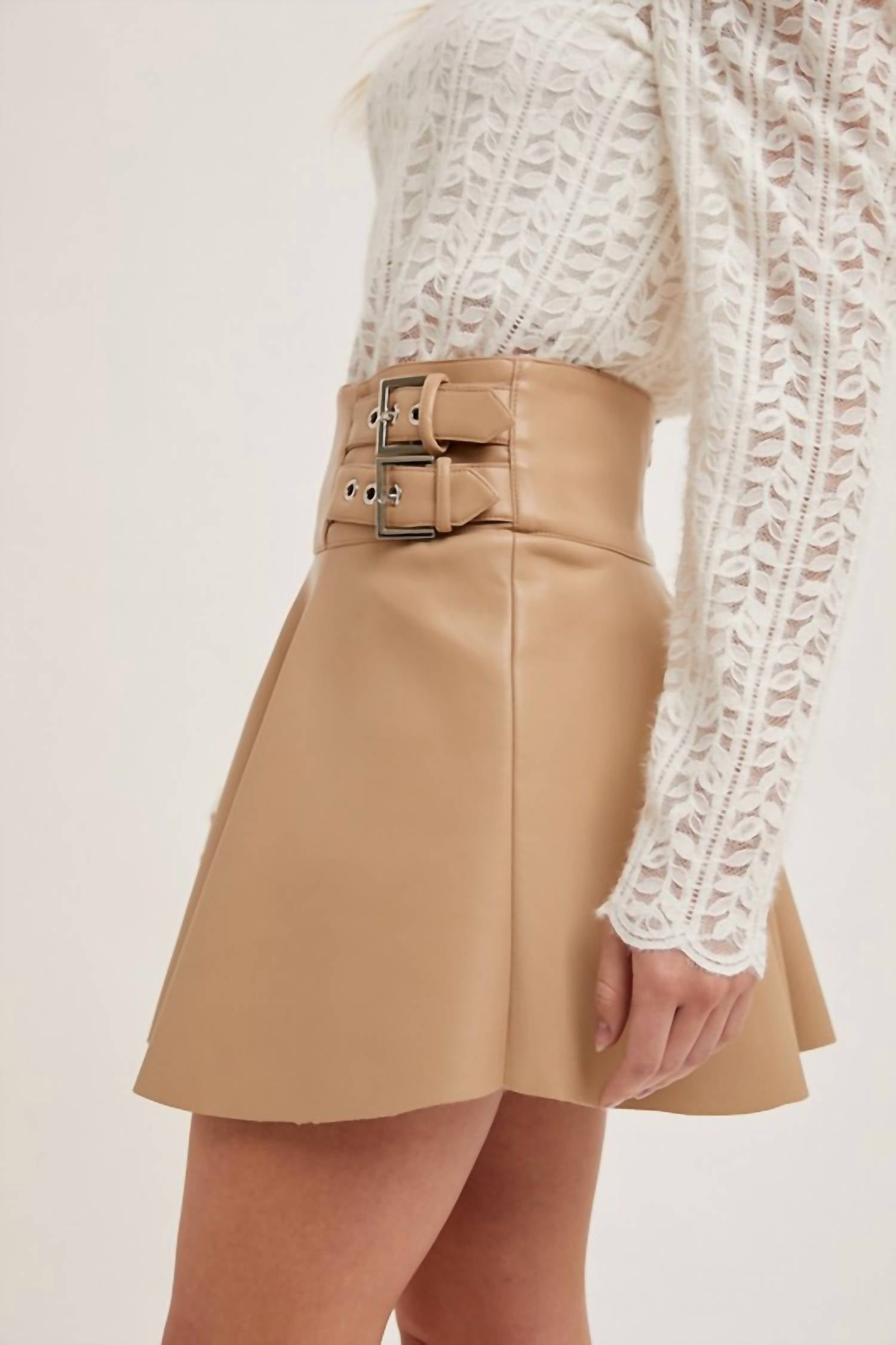 Bluivy - Faux Leather Side Buckled Skirt - Beige