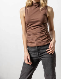 Lilla P Shirred Mock Neck Tank Top in java - women's tank top