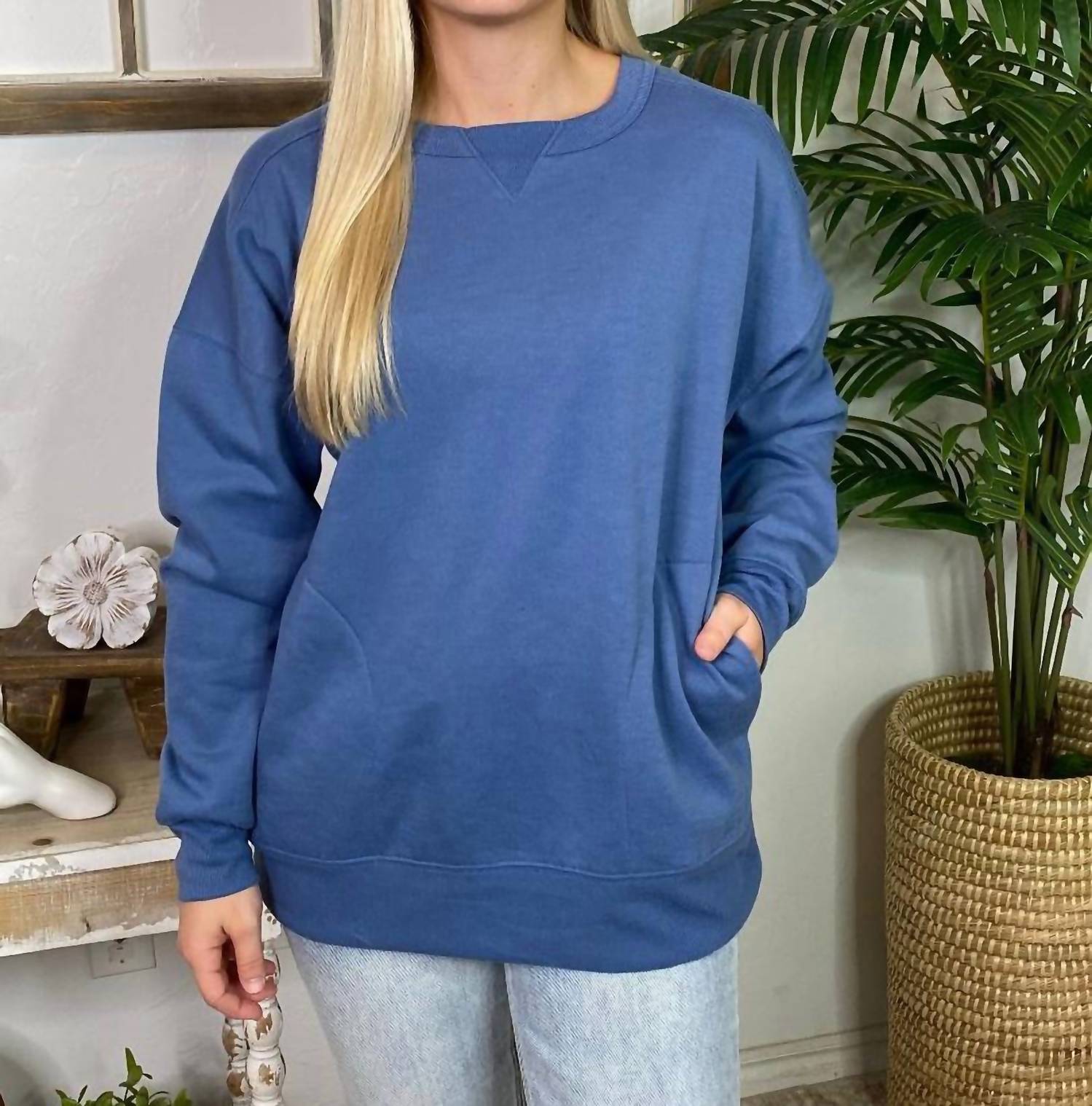 VERY J Pocket Long Sleeve Sweatshirt in denim - women's top