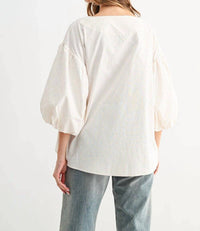 Joh Jerra Striped Woven Cotton Poplin Top in khaki - women's blouse - detail view