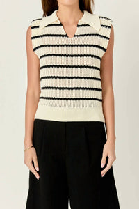 English Factory - Collared Cream & Black Striped Sweater