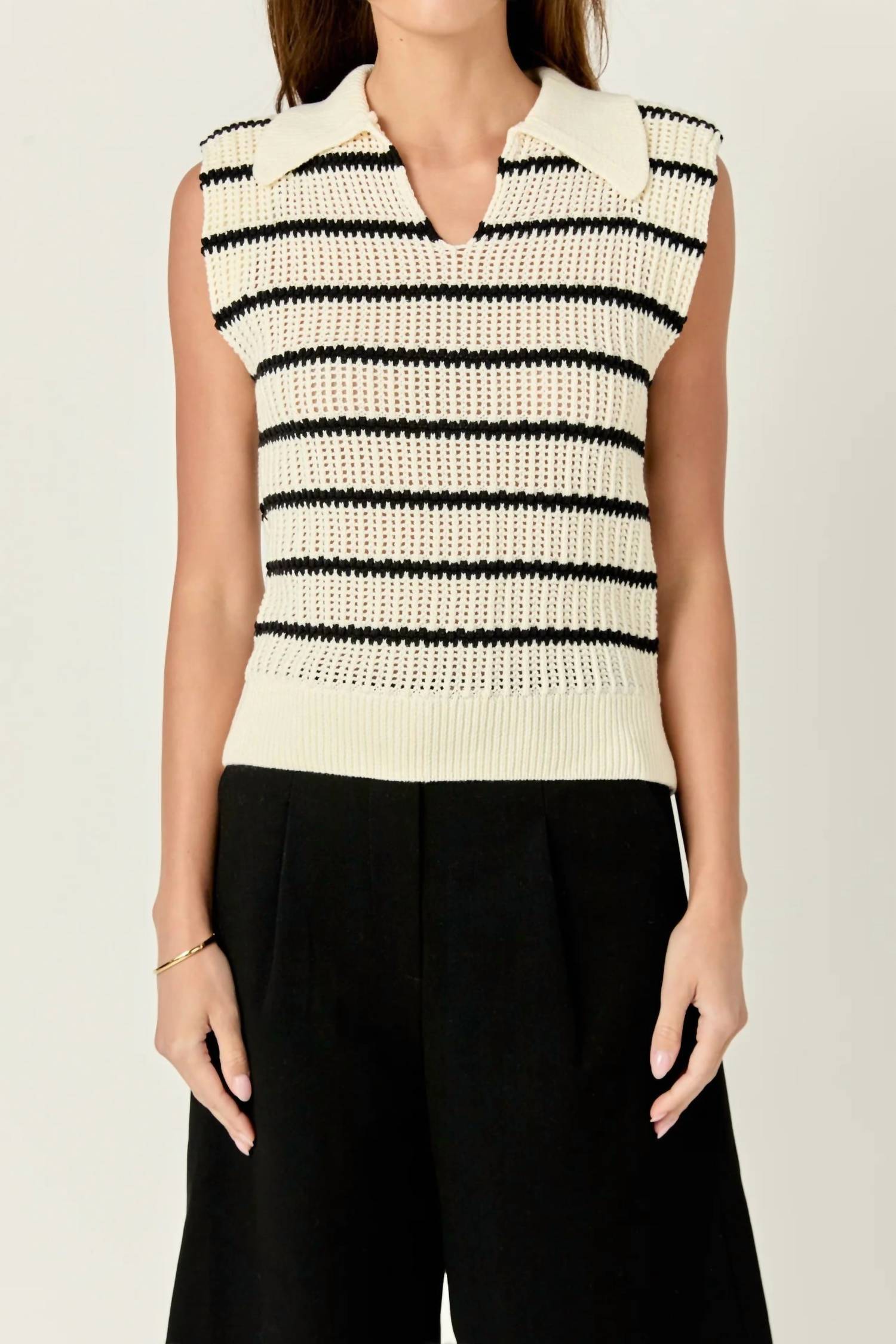 English Factory - Collared Cream & Black Striped Sweater