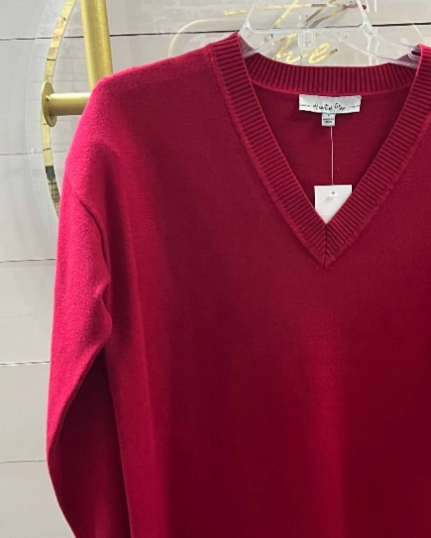 Heart of Pine Women's Jersey Stitch V Neck Sweater in red - women's sweater - detail view