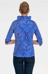 GRETCHEN SCOTT Quarter Sleeve Ruffneck Top in passion paisley imari - women's blouse - detail view