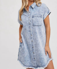 Bluivy - Frayed Hem Denim Shirt Dress