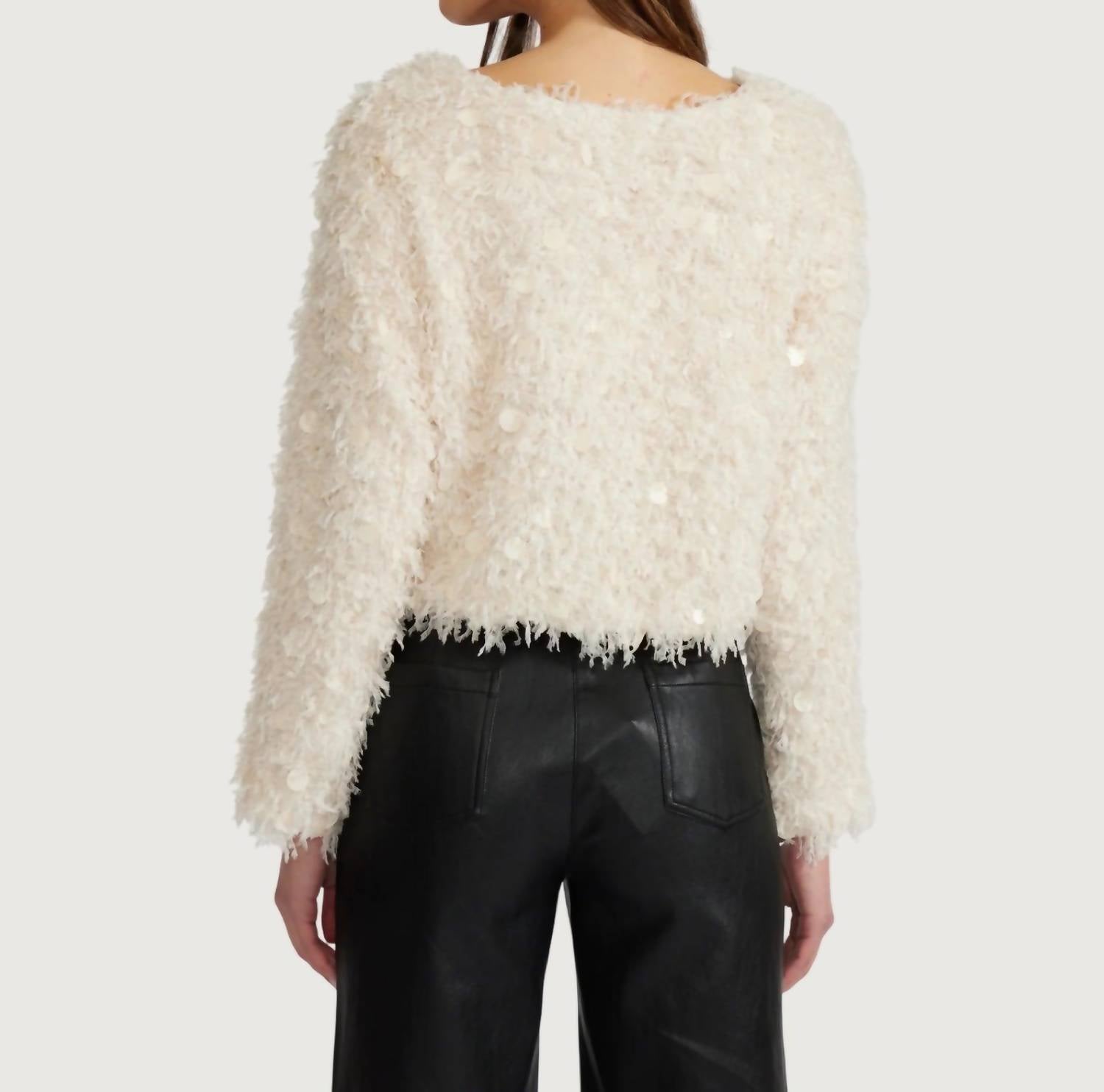 MABLE Erna Fringe Sweater Top in cream - women's sweater - detail view