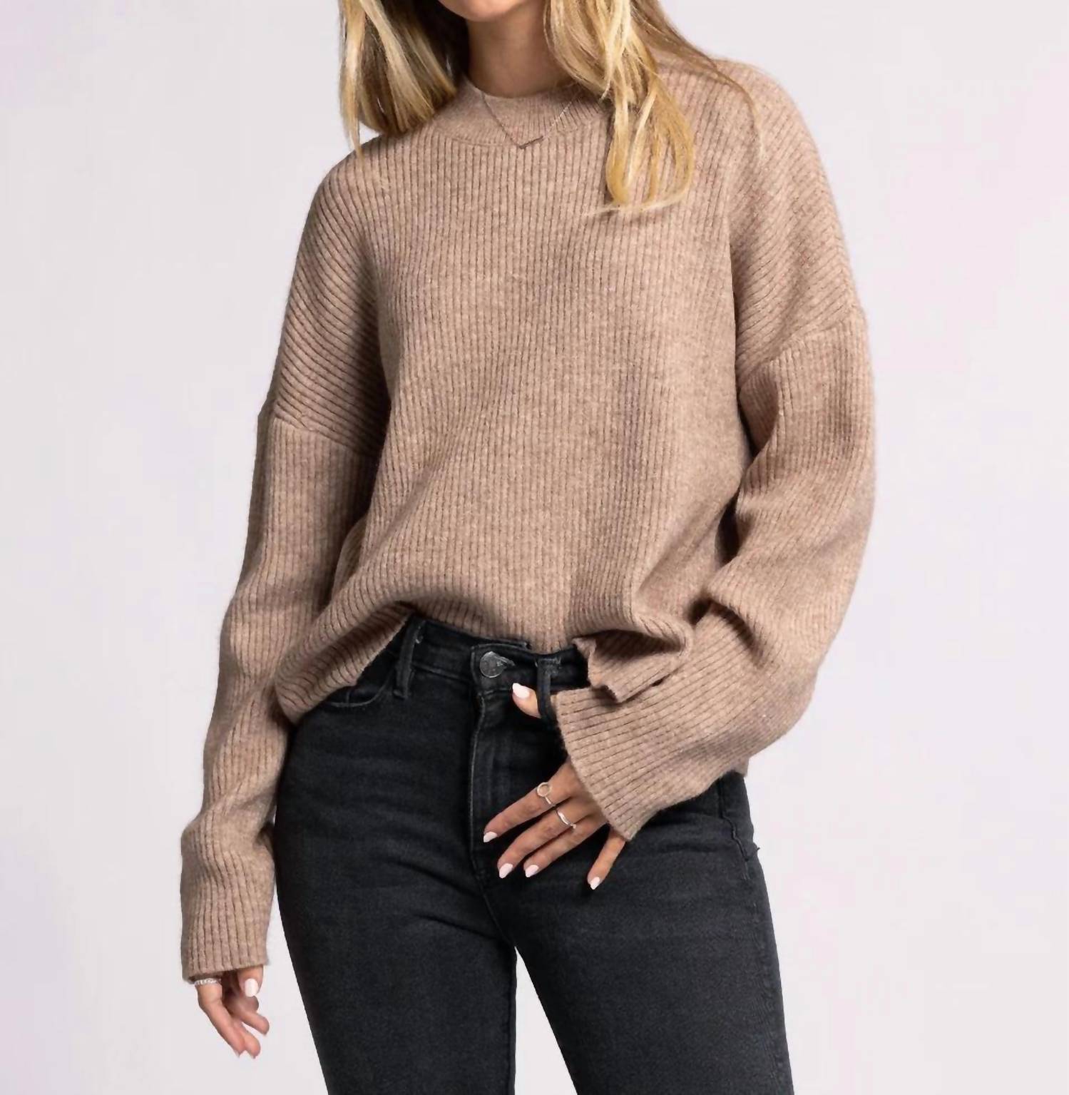 Thread & Supply Lana Crew Neck Sweater in heather mocha - women's sweater - detail view