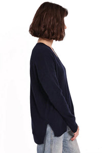 Minnie Rose Long & Lean V Neck Sweater in navy - women's sweater - detail view