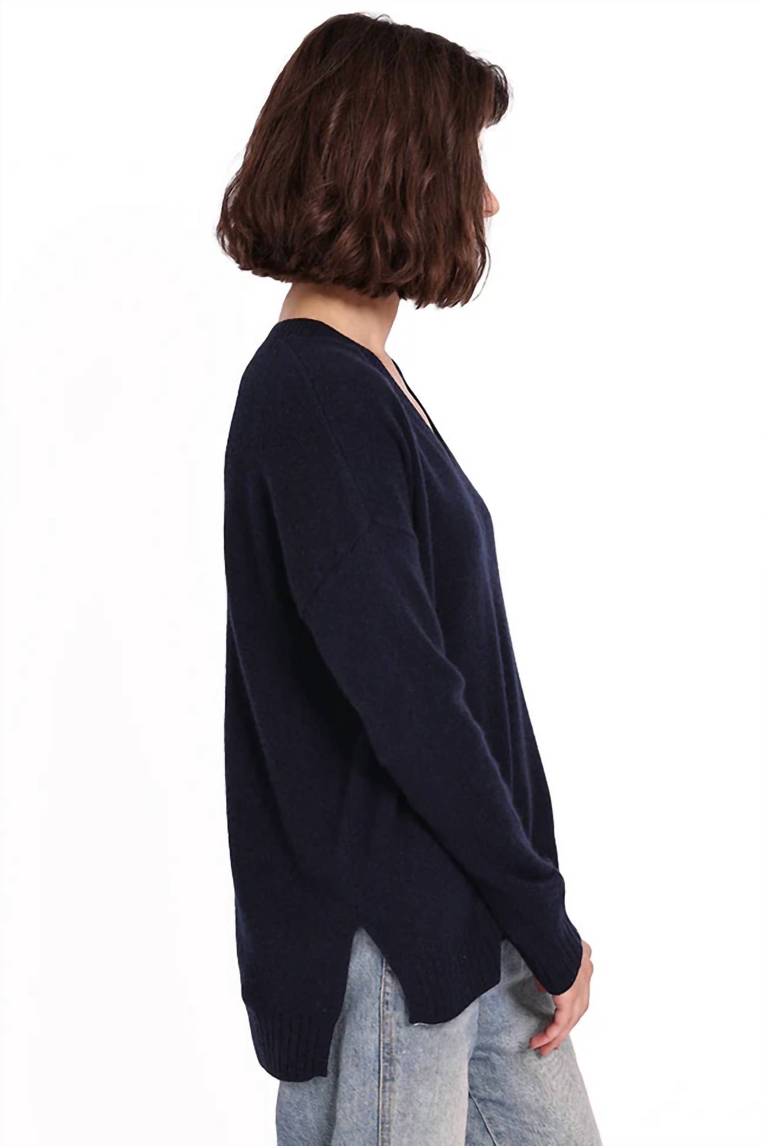 Minnie Rose Long & Lean V Neck Sweater in navy - women's sweater - detail view