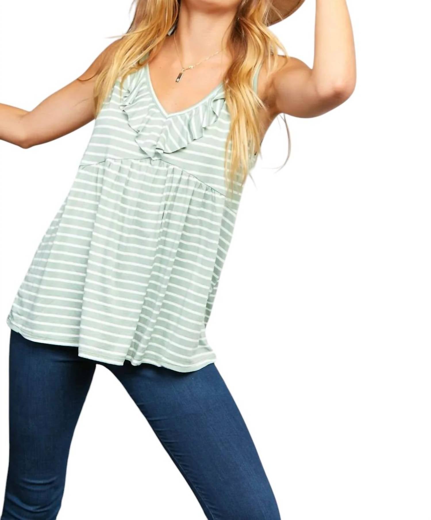 Haptics - STRIPE VNECK RUFFLE BABYDOLL TANK TOP