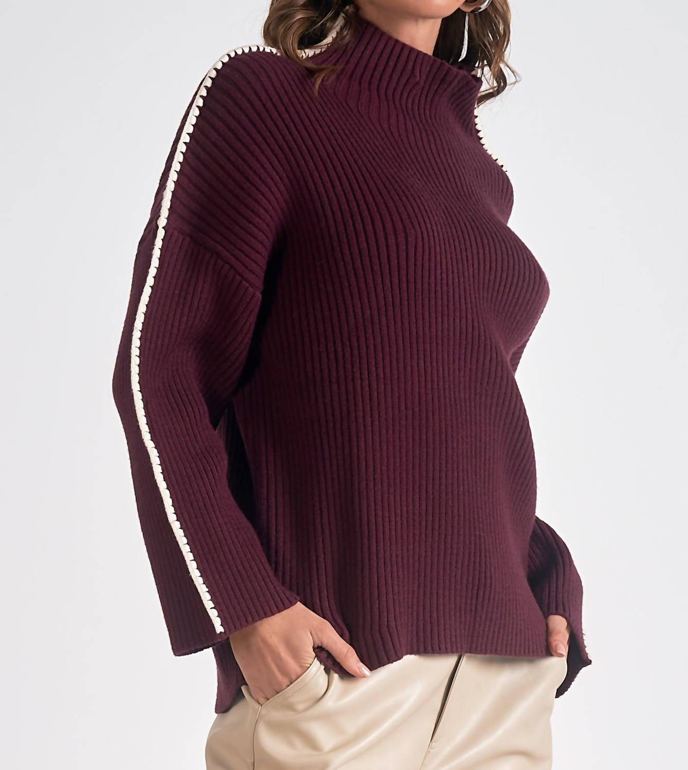ELAN Mockneck Contrast Stitch Sweater in red - women's sweater