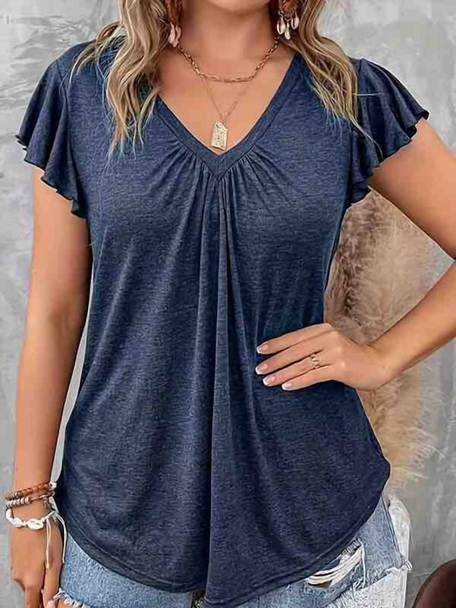Supreme Fashion - V Neck Ruffle Sleeve Top - Plus