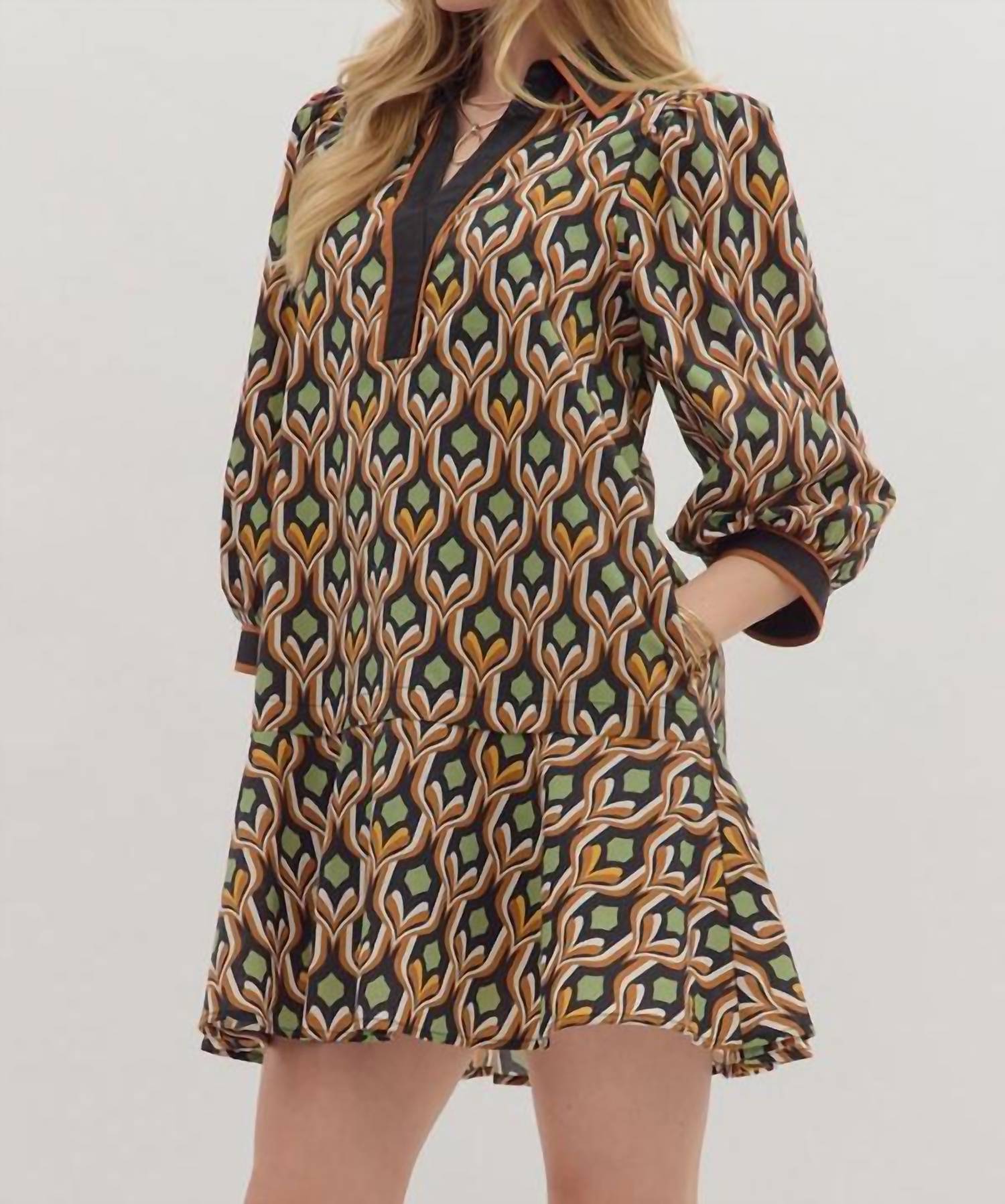Entro - Geometric Print 3/4 Sleeve Mini Dress