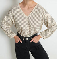 Nation LTD Savanna Shirred Top in espresso pinstripe - women's long sleeve top