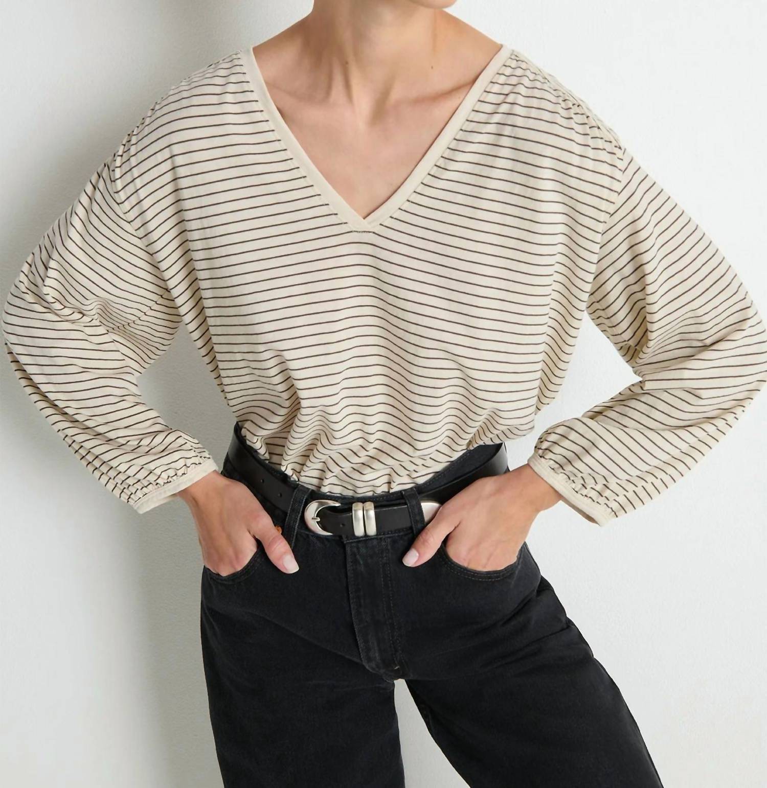 Nation LTD Savanna Shirred Top in espresso pinstripe - women's long sleeve top