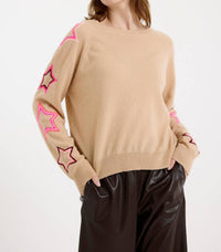 Brodie Cashmere Pop Star Sleeve Crew Sweater in soft camel - women's sweater