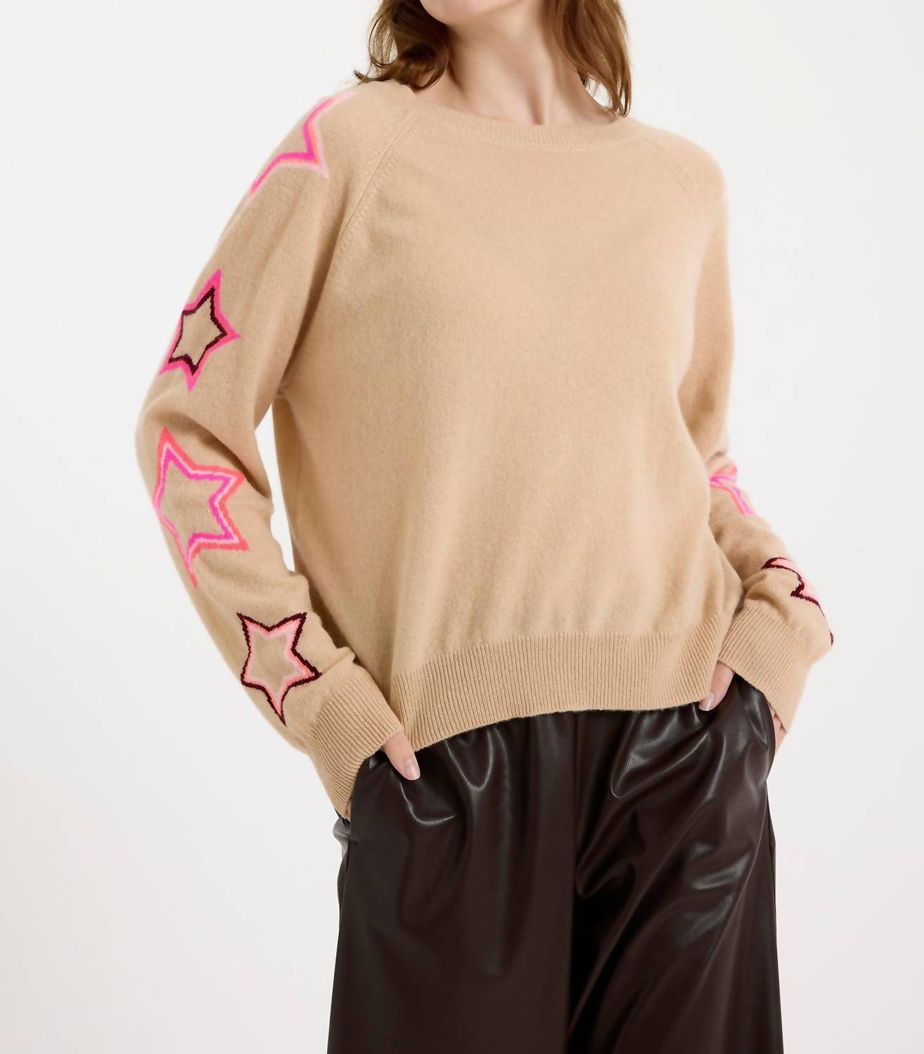 Brodie Cashmere Pop Star Sleeve Crew Sweater in soft camel - women's sweater