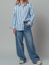 Urban Daizy Oversized Stripe Button Down Collared Shirt in blue - women's long sleeve top